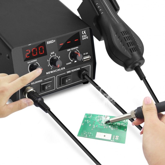 886D 220V 750W Digital 2 in 1 Rework Station Soldering Iron Hot Air Heat PCB Preheater Tool with 2A 5V USB Port