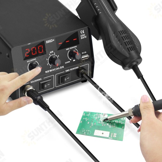 886D 220V 750W Digital 2 in 1 Rework Station Soldering Iron Hot Air Heat PCB Preheater Tool with 2A 5V USB Port