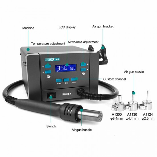QUICK K8 1000W LCD Display Hot Air Gun Soldering Station with Air Nozzles for SMD SMT BGA Welding Repair Tool