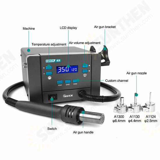 QUICK K8 1000W LCD Display Hot Air Gun Soldering Station with Air Nozzles for SMD SMT BGA Welding Repair Tool