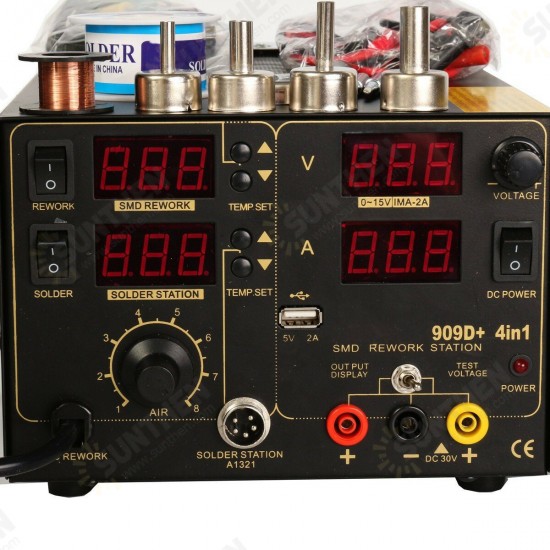 220V 909D+ Rework Soldering Station Hot Heat Air Nozzle DC USB Power Supply 220V AC EU Plug