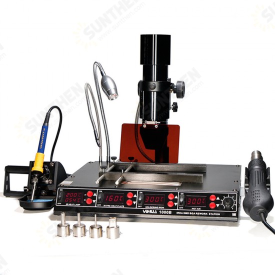 1000B 110V/220V 4 in 1 Infrared Bga Rework Station SMD Hot Air Spear+75W Soldering Irons+540W Preheating Station