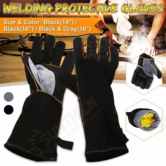 16 Inches Two Layer Cow Leather Lengthened Black Grey Welding / Barbecue High Temperature Resistant Labor Protection Gloves