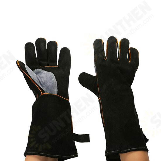 16 Inches Two Layer Cow Leather Lengthened Black Grey Welding / Barbecue High Temperature Resistant Labor Protection Gloves