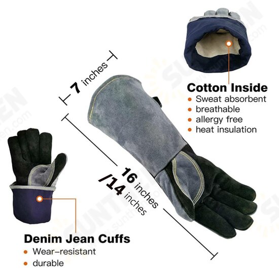 16 Inches Two Layer Cow Leather Lengthened Black Grey Welding / Barbecue High Temperature Resistant Labor Protection Gloves