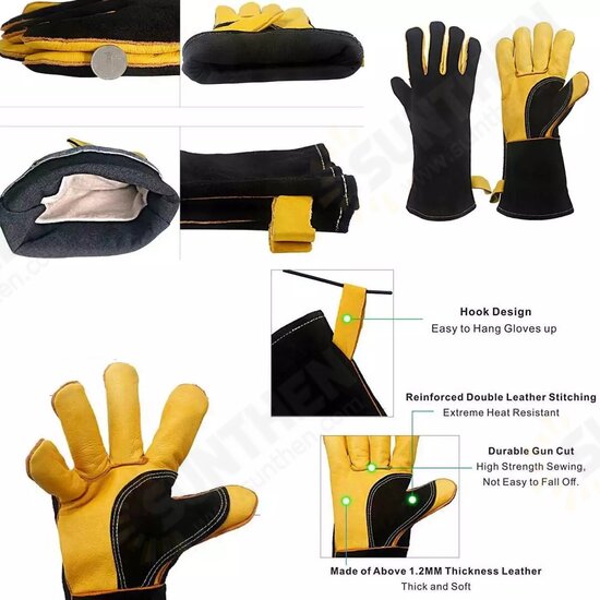 16 Inches Two Layer Cow Leather Lengthened Black Grey Welding / Barbecue High Temperature Resistant Labor Protection Gloves