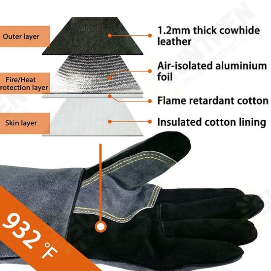 16 Inches Two Layer Cow Leather Lengthened Black Grey Welding / Barbecue High Temperature Resistant Labor Protection Gloves