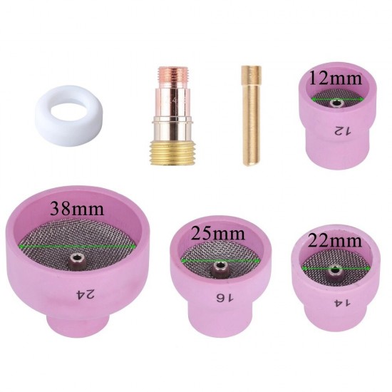 7PCS TIG Extra Large Alumina Ceramic Nozzle Cups Strainer Mesh Gas Lens 2.4mm 3/32inch Collet Gas Lens for WP17/18/26