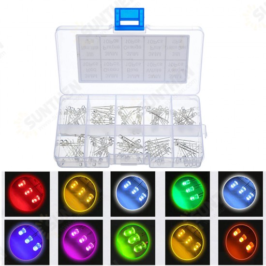 100pcs (10 colors x 10pcs) 3mm LED Diode Kit 3 mm 3V Set Light Emitting Warm White Green Red Blue Yellow Orange Purple UV Pink