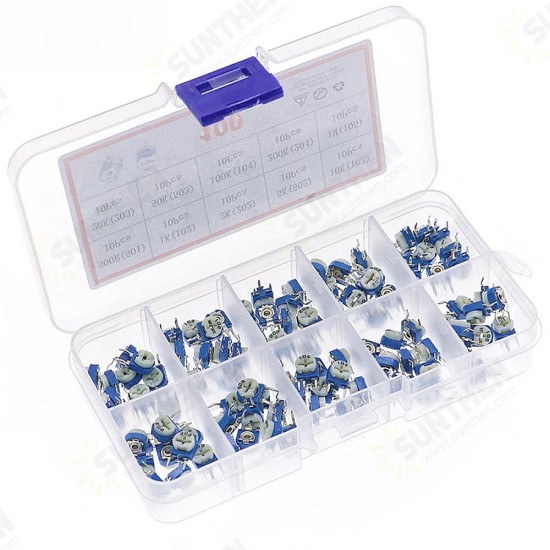 100pcs RM063 Trimmer Potentiometer Adjustable Resistor Kit 500R 1K 2K 5K 10K 20K 50K 100K 200K 1M Potentiometer Resistor RM 063