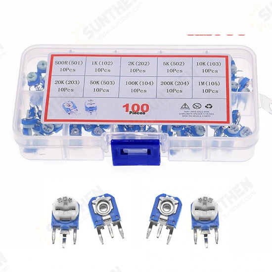 100pcs RM063 Trimmer Potentiometer Adjustable Resistor Kit 500R 1K 2K 5K 10K 20K 50K 100K 200K 1M Potentiometer Resistor RM 063