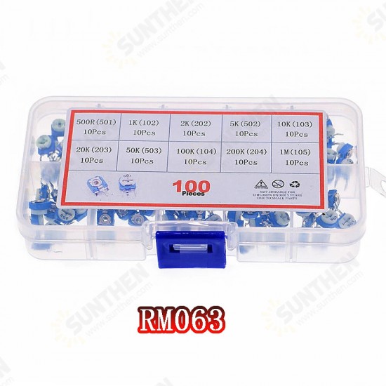 100pcs RM063 Trimmer Potentiometer Adjustable Resistor Kit 500R 1K 2K 5K 10K 20K 50K 100K 200K 1M Potentiometer Resistor RM 063