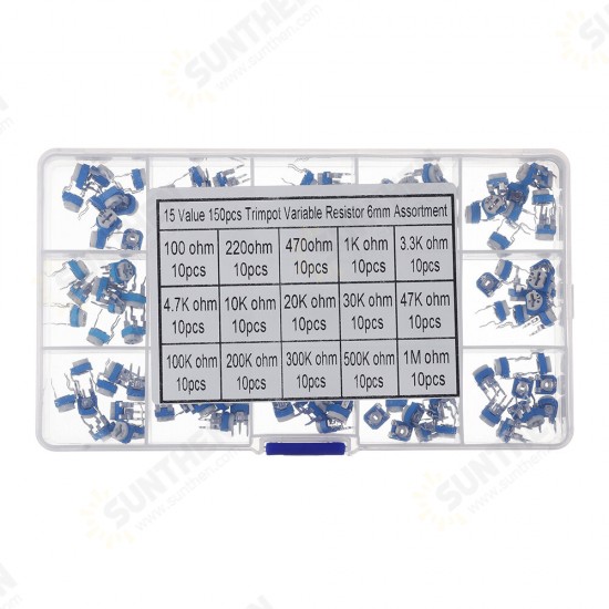 150pcs 15 Values 10 Each Trimming Potentiometer RM-065 Adjustment 100ohm-1M RM065 Variable Resistors Assorted Kit