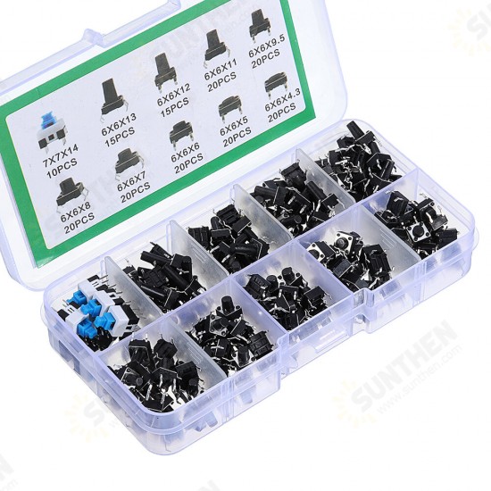 180Pcs 10 Values Tactile Push Button Switch Mini Momentary Tact Assortment Kit DIY