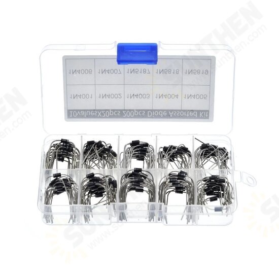200Pcs 10 Values Rectifier Diode Assorted Kit 1N4001 1N4002 1N4003 1N4004 1N4005 1N4006 1N4007 1N5817 1N5818 1N5819 with Box
