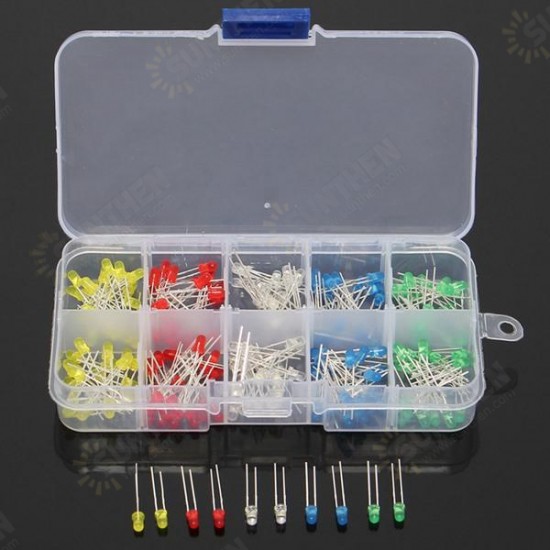 200Pcs 3MM LED Light Assorted Kit Red Green Blue Yellow White DIY LEDs Set