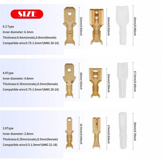 2.8/4.8/6.3mm Crimp Terminals Electrical Insulated Female Male Wire Connector Spade Connectors Terminals Kit