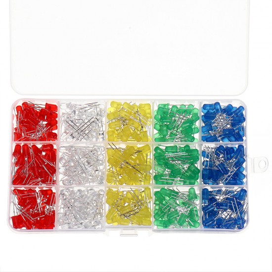 500pcs 5MM LED Diode Kit Mixed Color Red Green Yellow Blue White + BOX