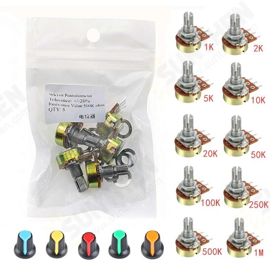 5pcs/lot WH148 1K 2K 5K 10K 20K 50K 100K 250K 500K 1M Single Linear Potentiometer with Knobs 5pcs/lot WH148 1K 2K 5K 10K 20K 50K 100K 250K 500K 1M Single Linear Potentiometer with Knobs