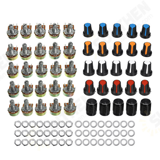 75 Potentiometers B5K B10K B20K B50K B100K ohm Knurled Shaft Single Linear Rotary Cone Volume Control Potentiometer Kit 75 Potentiometers B5K B10K B20K B50K B100K ohm Knurled Shaft Single Linear Rotary Cone Volume Control Potentiometer Kit