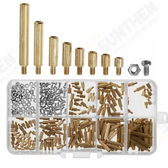 260Pcs M2 PCB Threaded Brass Male Female Standoff Spacer Board Hex Screws Nut Assortment Box Kit Set with Plastic Box Hollow