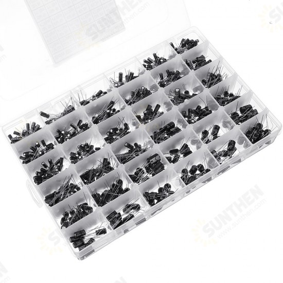 1000pcs 36 Values 0.1uF 50V-1000uF 16V Capacitors 4.7UF 10UF 22UF 33UF 47UF Electrolytic Capacitor Assortment Box Kit