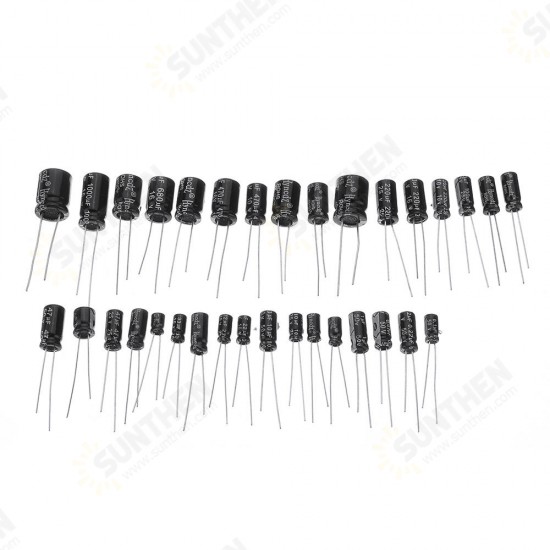 1000pcs 36 Values 0.1uF 50V-1000uF 16V Capacitors 4.7UF 10UF 22UF 33UF 47UF Electrolytic Capacitor Assortment Box Kit