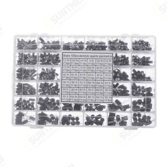 1000pcs 36 Values 0.1uF 50V-1000uF 16V Capacitors 4.7UF 10UF 22UF 33UF 47UF Electrolytic Capacitor Assortment Box Kit