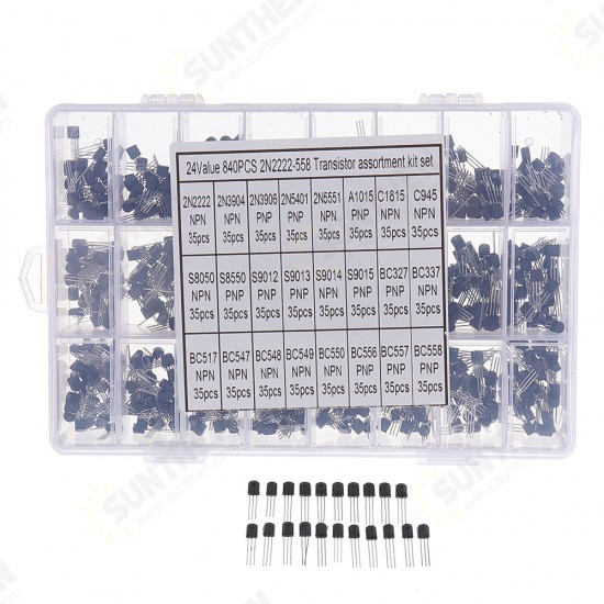 840pcs 24Values TO-92 Transistor Assortment Kit BC327 BC337 BC547 transistor 2N2222 3904 3906 C945 PNP/NPN Transistors Pack