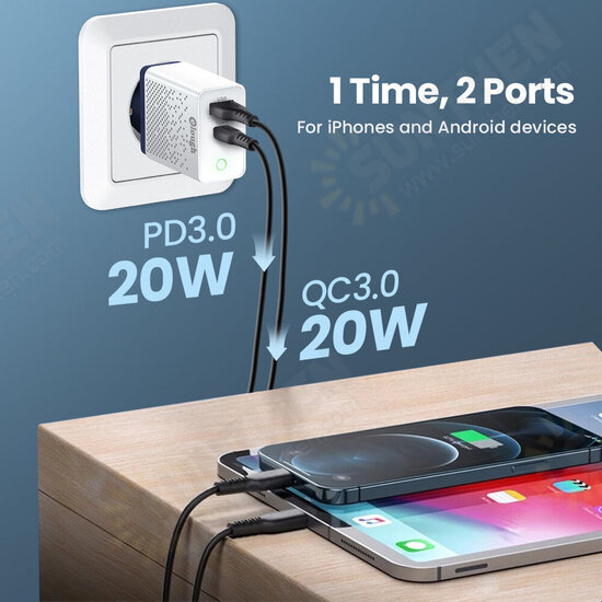 20W 2-Port USB PD Charger Dual 20W USB-C PD3.0 QC3.0 FCP SCP Fast Charging Wall Charger Adapter EU/US/UK Plug for iPhone Samsung Huawei OnePlus