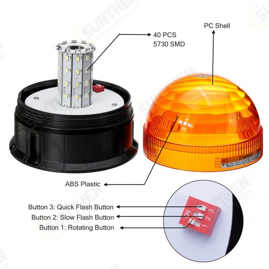 DC12-24V 40LED Magnetic Roof Rotating Flash Amber Beacon Strobe Tractor Warning Signal Light