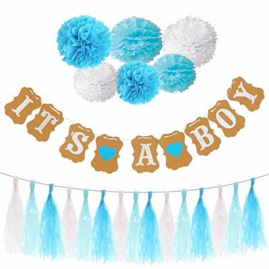 Boy Girl Baby Shower Set Banner Paper Pompom Tassel Garland Birthday Party Decorations