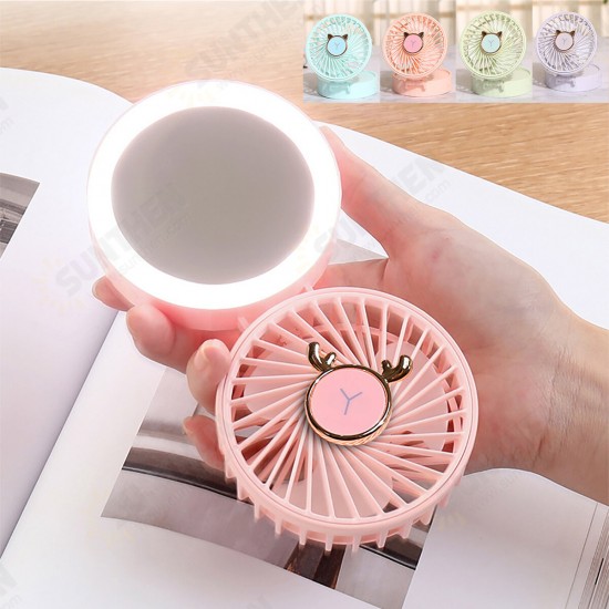 Portable Mini Fan LED Light Lamp Handheld Cooler Makeup Mirror USB