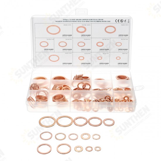 280Pcs 12 Sizes Assorted Crush Copper Washer Gasket Set Flat Ring Seal Kit Tools