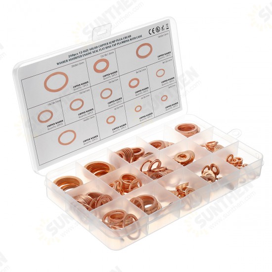 280Pcs 12 Sizes Assorted Crush Copper Washer Gasket Set Flat Ring Seal Kit Tools