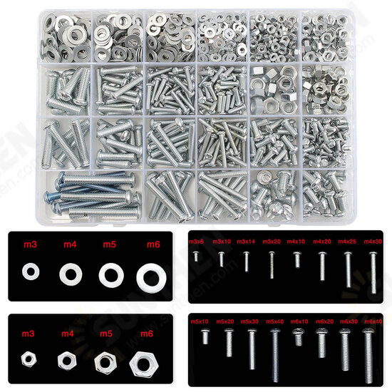 M3 M4 M5 M6 Stainless Steel Phillips Round Head Screws Nuts Flat Washers Assortment Kit 900g