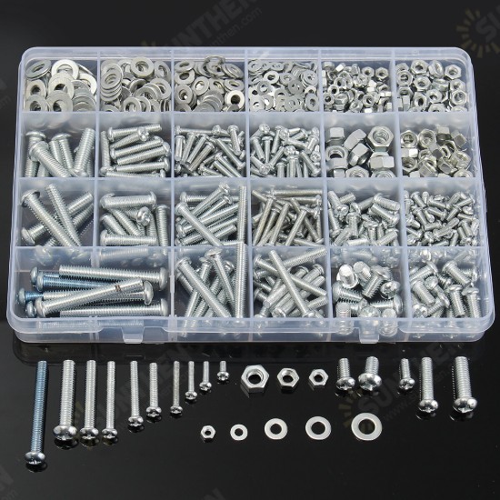 M3 M4 M5 M6 Stainless Steel Phillips Round Head Screws Nuts Flat Washers Assortment Kit 900g