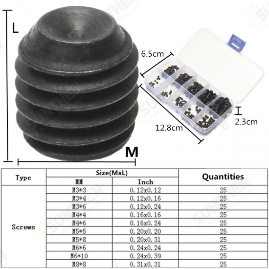 MXAS1 250Pcs Head Socket Hex Set Grub Screw Cup Point Alloy Steel Assortment With Case