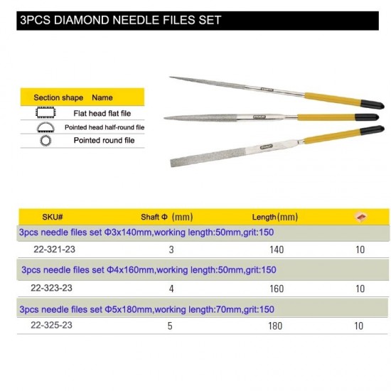3pcs Diamond Mini Needle File Set Polishing Tools 150Grit Sharpening Grinding HandTuning Files for Glass Metal