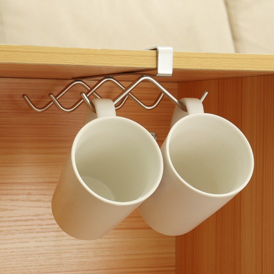 6 Hooks Under Cabinet Mug Holder 304 Stainless Steel Punch-free Coffee Cup Storage Rack