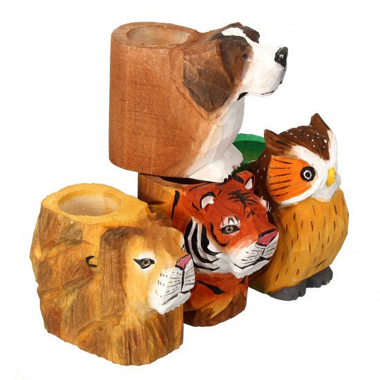 Animal Types Pen Holder Creative Hand Carved Wooden Pen Holder Lion Tiger Owl Dog Pattern Pen Organizer For Student Stationery Pencil Not Included