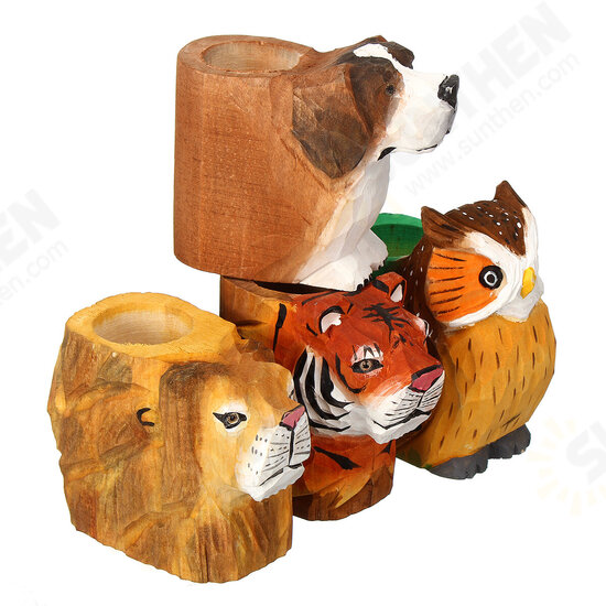 Animal Types Pen Holder Creative Hand Carved Wooden Pen Holder Lion Tiger Owl Dog Pattern Pen Organizer For Student Stationery Pencil Not Included