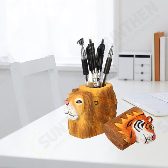 Animal Types Pen Holder Creative Hand Carved Wooden Pen Holder Lion Tiger Owl Dog Pattern Pen Organizer For Student Stationery Pencil Not Included