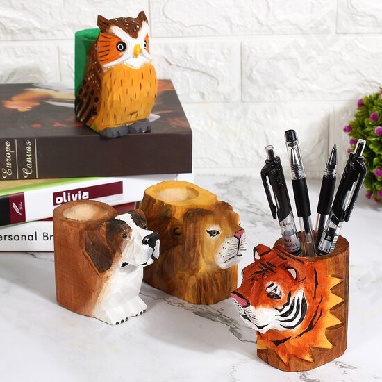 Animal Types Pen Holder Creative Hand Carved Wooden Pen Holder Lion Tiger Owl Dog Pattern Pen Organizer For Student Stationery Pencil Not Included