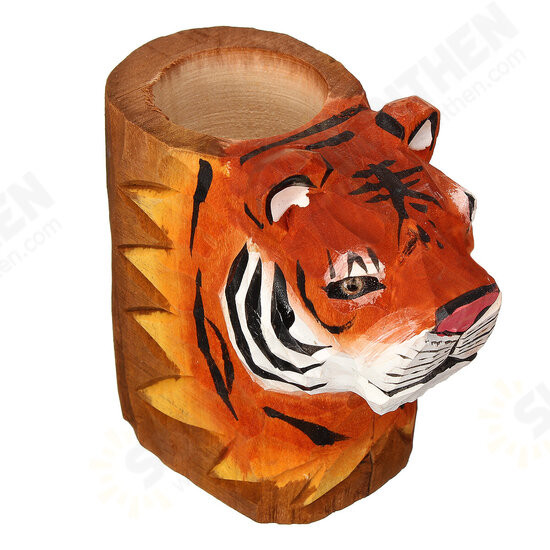 Animal Types Pen Holder Creative Hand Carved Wooden Pen Holder Lion Tiger Owl Dog Pattern Pen Organizer For Student Stationery Pencil Not Included