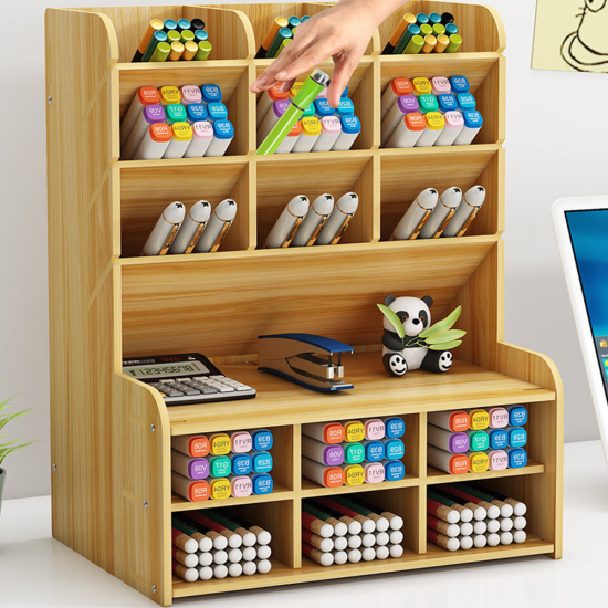 B15 5 Layers Wooden Pen Holder Desk Organizer Multi-Functional DIY Storage Box Desktop Stationary Home Office Supply Storage Rack