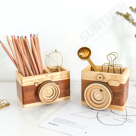 Creative Camera Wooden Pen Holder Storage Makeup Brushes Organizer Wood Crafts Retro Birthday Gifts Vintage Home Decoration