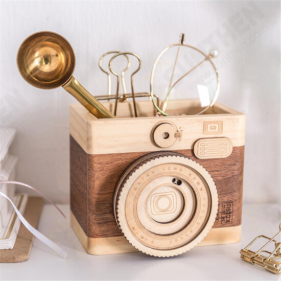 Creative Camera Wooden Pen Holder Storage Makeup Brushes Organizer Wood Crafts Retro Birthday Gifts Vintage Home Decoration