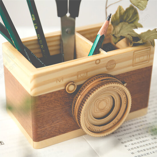 Creative Camera Wooden Pen Holder Storage Makeup Brushes Organizer Wood Crafts Retro Birthday Gifts Vintage Home Decoration