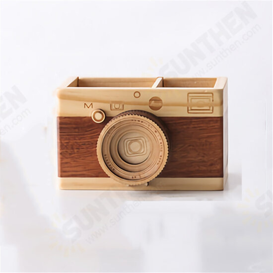 Creative Camera Wooden Pen Holder Storage Makeup Brushes Organizer Wood Crafts Retro Birthday Gifts Vintage Home Decoration